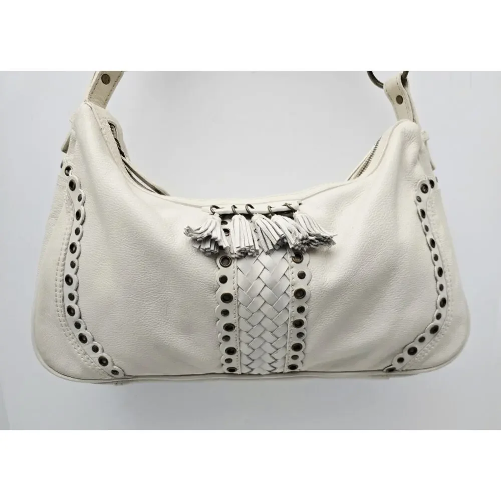 Wilsons Leather Hobo/Shoulder Bag Bronze Studs with Tassels Cream Purse Handbag